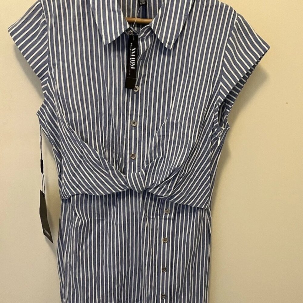 White House Black Market Blue Stripe Shirt Dress Size 2 NWT Button Front Summer - Picture 3 of 15